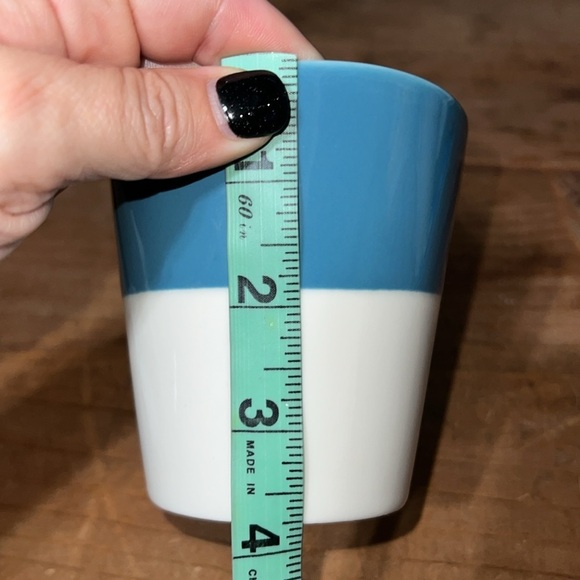STARBUCKS 2011 Tazo Tea turquoise blue & bone white mug slant top 3 3/4” tall - Picture 7 of 10